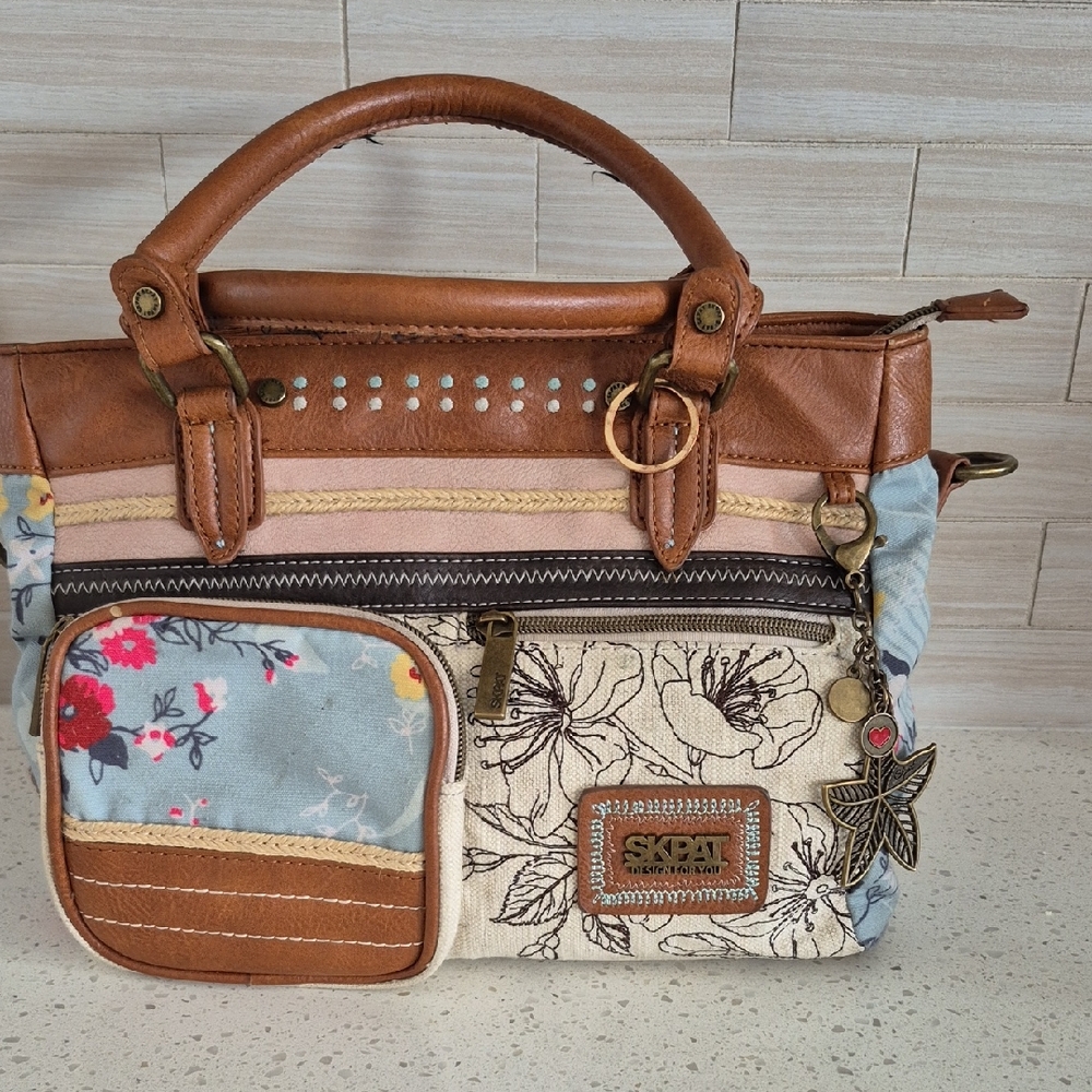 Y2K Floral Patchwork Satchel - Brown and Cream, Mixed Media